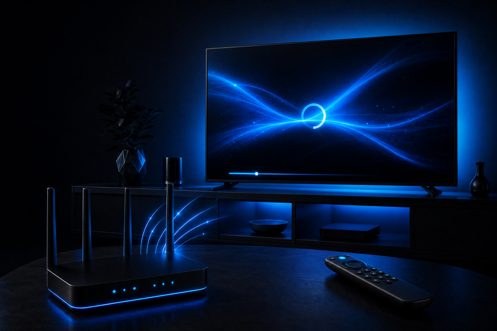 Smart TV and Wi-Fi router showing a stable home streaming connection