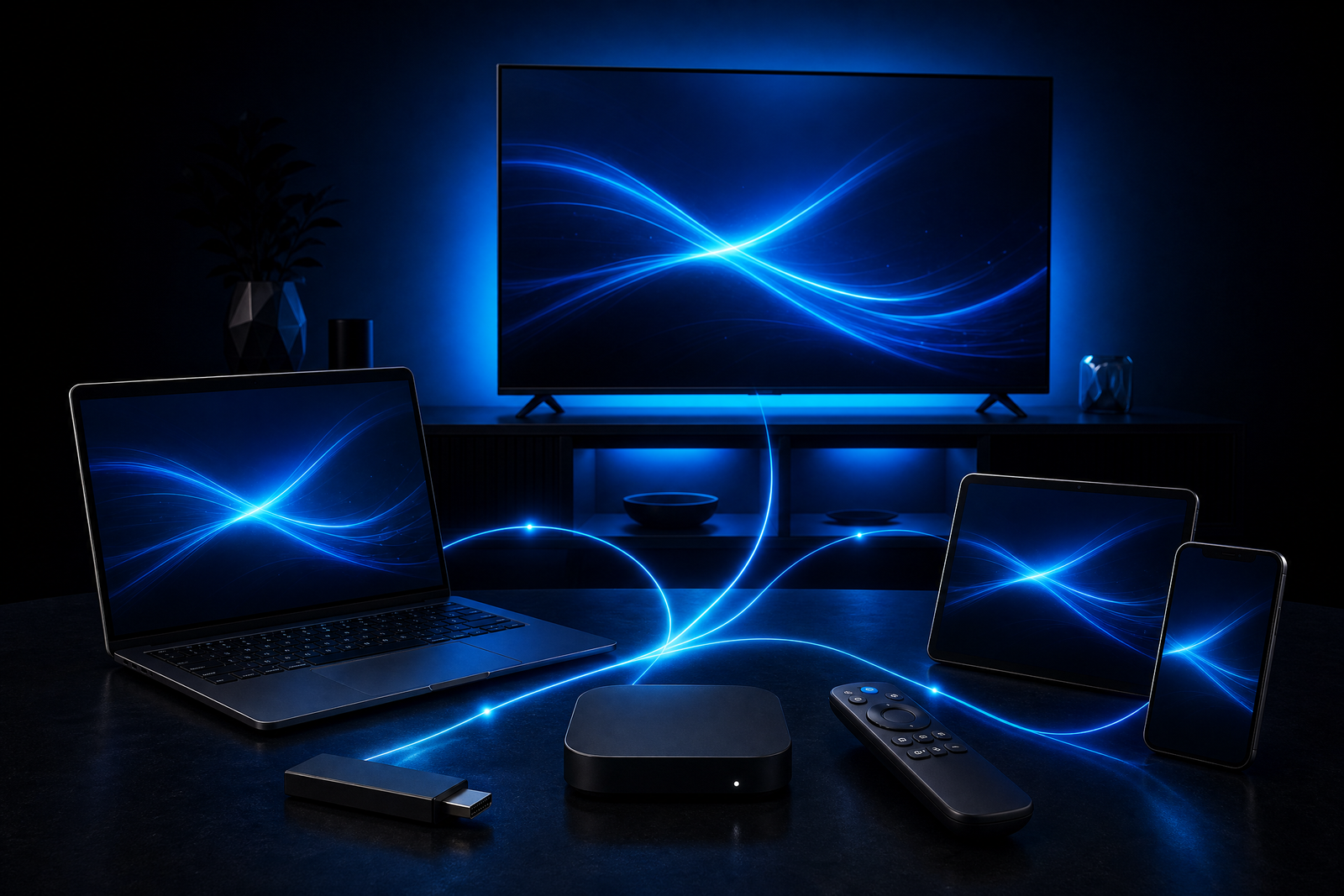 Television, streaming stick, TV box, laptop, tablet and phone connected in a home streaming setup